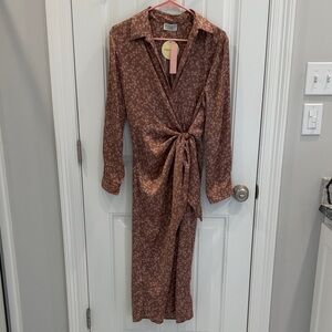 Dress Forum Brown and Light Pink Floral Wrap Dress